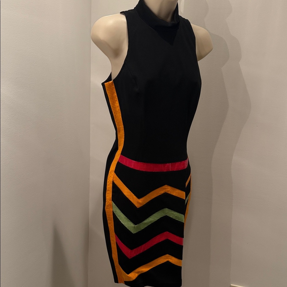 Vintage Cache Black Multicolor Chevron Dress